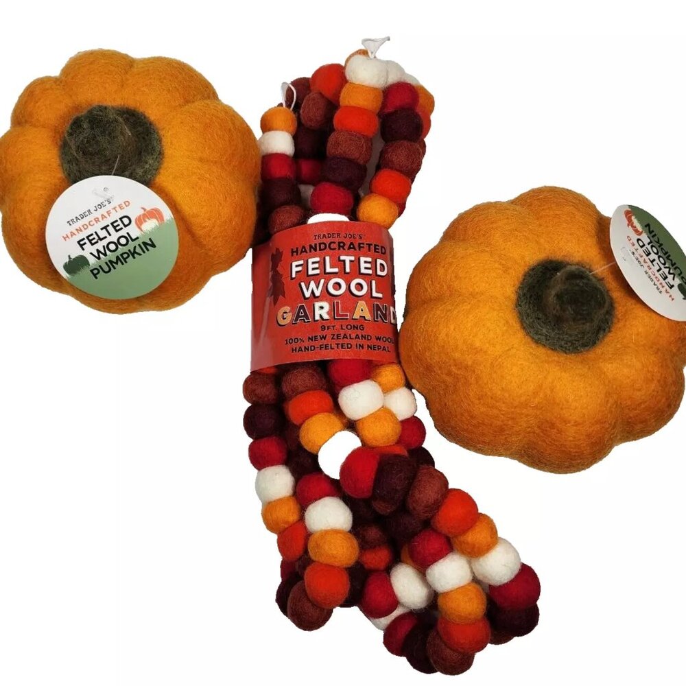 Trader Joe’s Handcrafted 9' Felted Wool Garland + Felted Pumpkins (2) Fall NEW